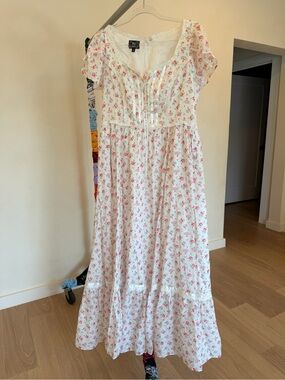 Gunne Sax White Maxi Dress with Pink Floral Print